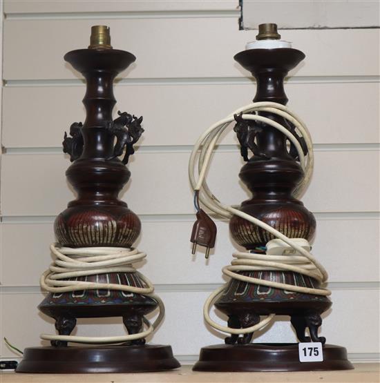 A pair of Japanese bronze and champleve enamel altar candlesticks, c.1900 converted to lamps height 40cm